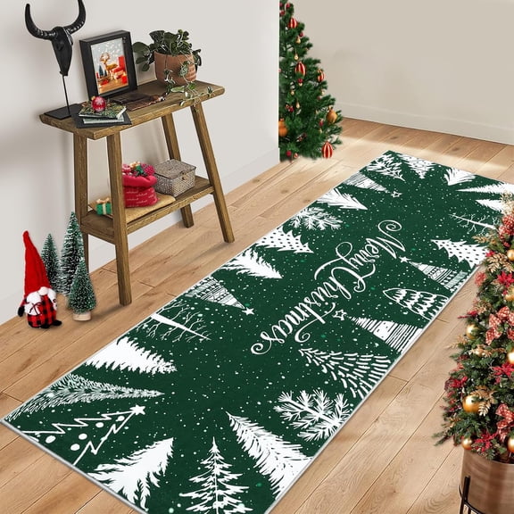 COZONY Christmas Runner Rug 2x6 Ft, Washable Non-Slip Heavy Velvet Area Rug, Green Holiday Print Carpet for Hallway, Faux Wool