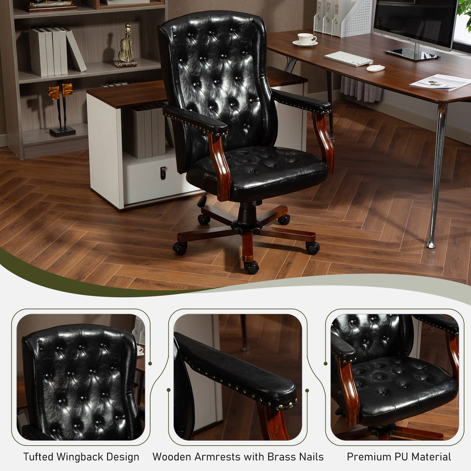 AVAWING Ergonomic Executive Office Chair, Vintage Faux Leather Swivel Work Chair, Black