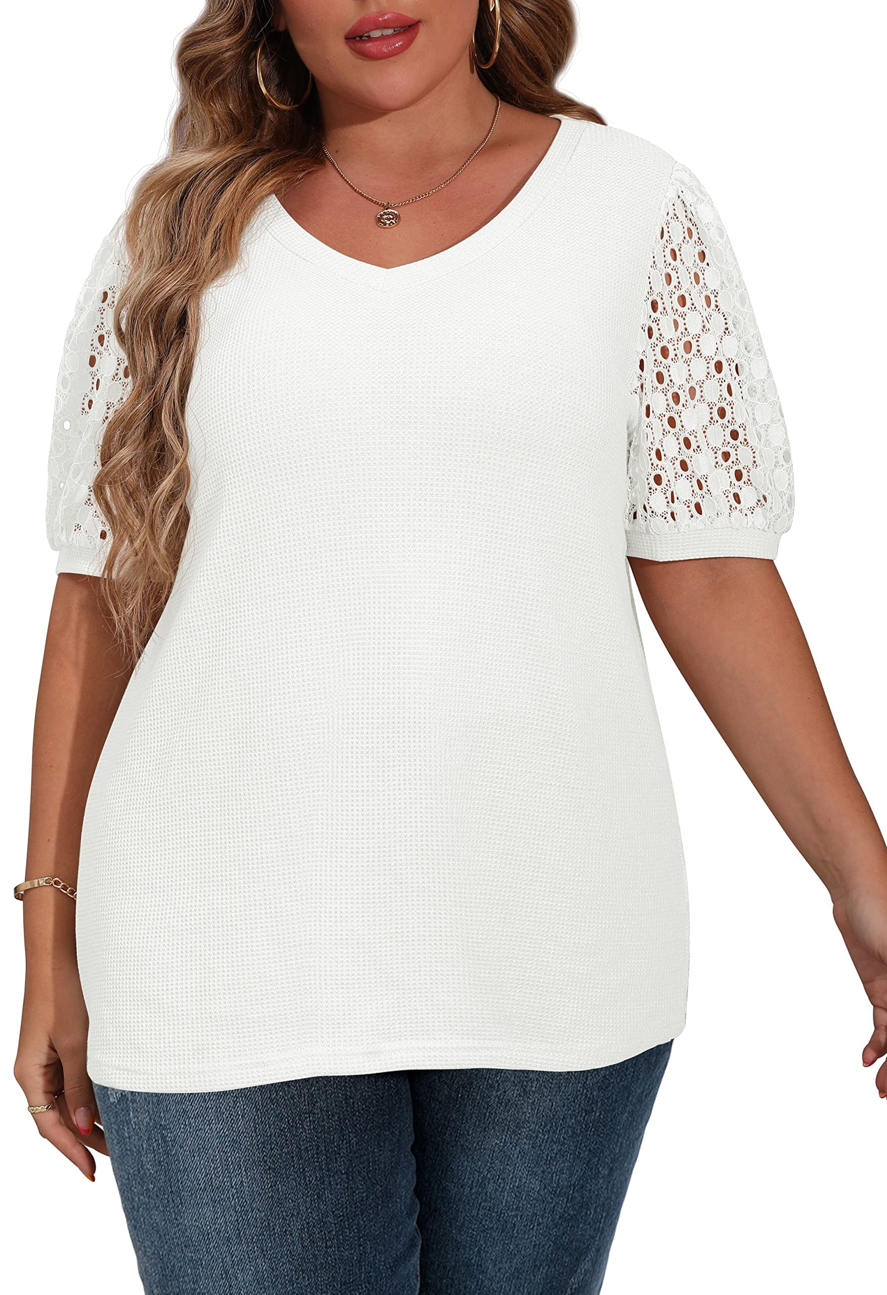 JWD Plus Size Tops For Women Summer Blouse Waffle Knit Short Lace Sleeve  Shirts Plus Size Womens Clothes 