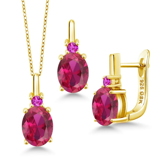 Gem Stone King 6.05 Ct Red Created Ruby Pink Sapphire 18K Yellow Gold Plated Silver Pendant and Earrings Jewelry Set