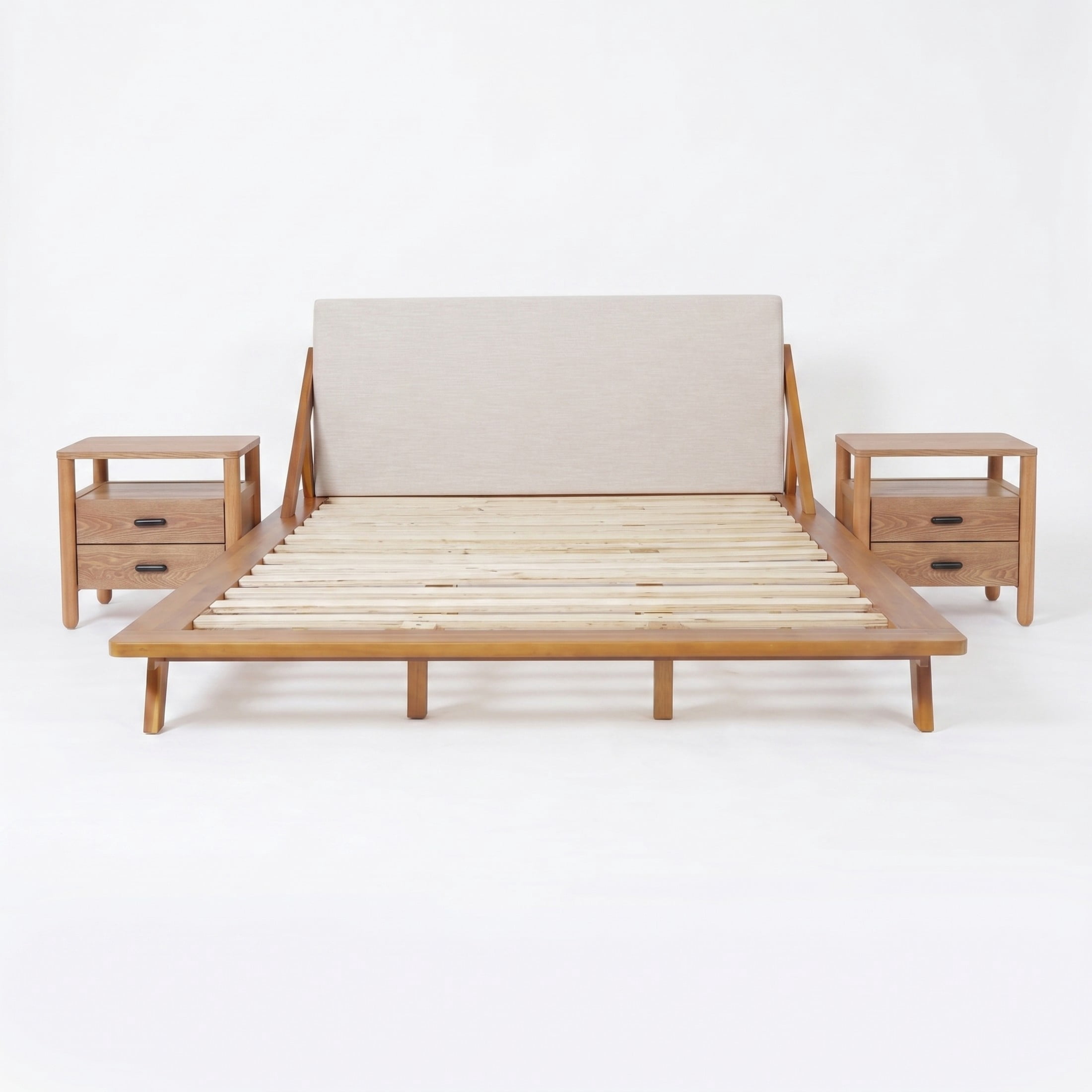 Christopher Knight Home King Bedroom Set, Beige Upholstered Platform Bed with 2 Brown Nightstands