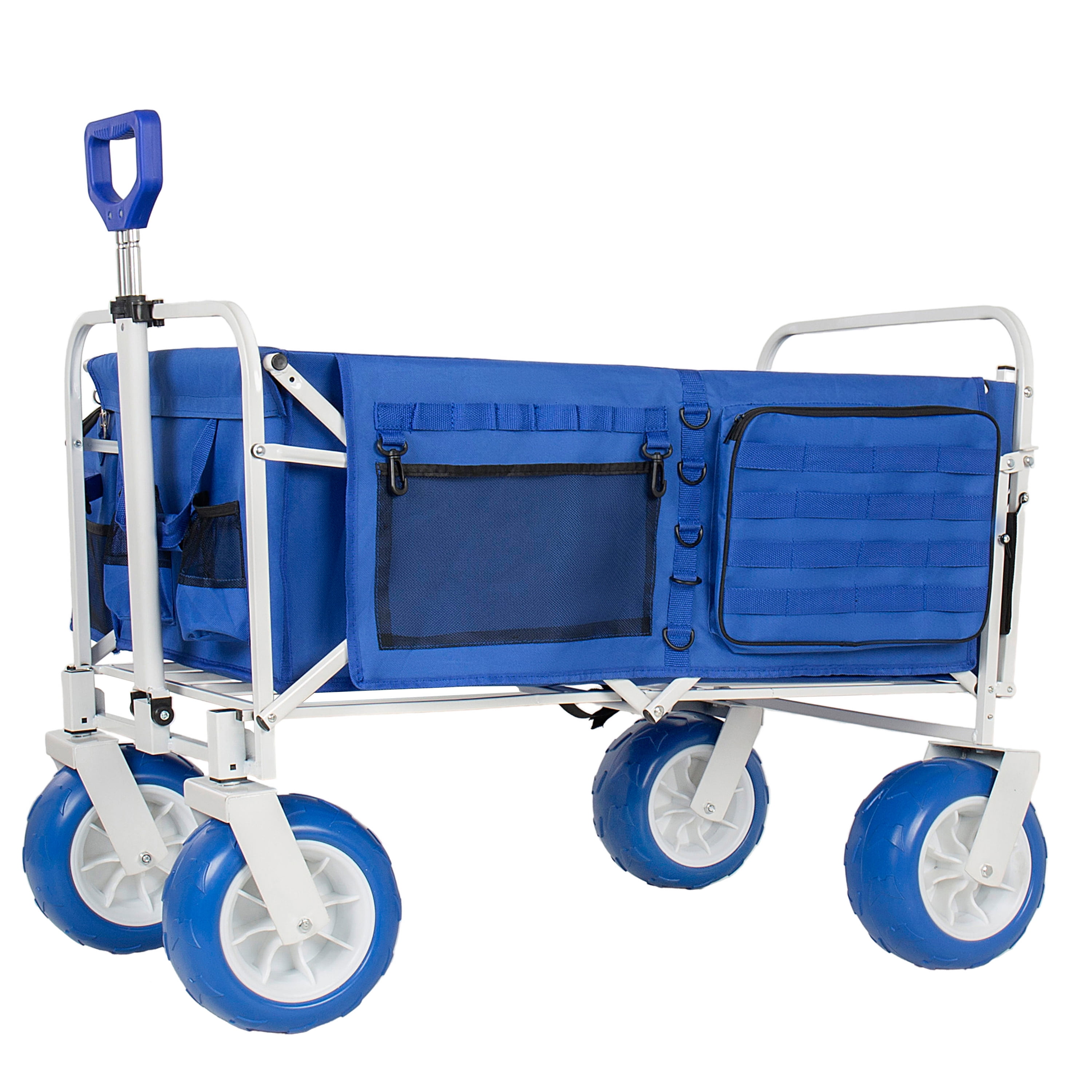Beach Wagon Cart Opened Tailgate 9 Inch All-Terrain Wheels 500lbs Heavy Duty Collapsible Folding Wagon Adjustable Handle Cooler Storage Bags Beach Camping Garden Outdoor Sports Blue