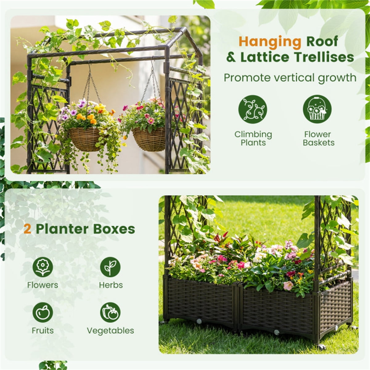 5.5 FT Raised Garden Bed with Trellis Self-Watering Planter Boxes with Lockable Wheels, 2 Configurations Vertical Garden Planter for Patio Balcony
