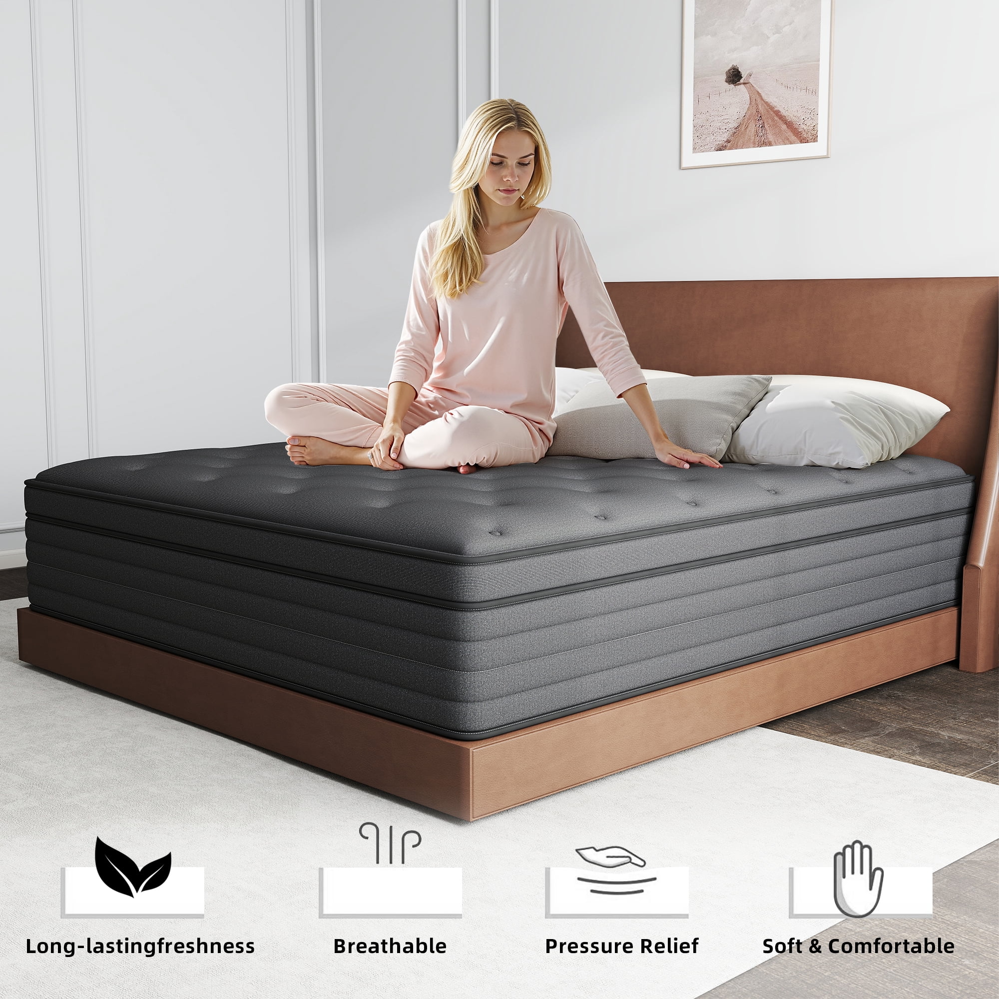 Kviwasha King Mattress 14 inch Hybrid Gel Memory Foam & Pocket Innerspring, Pressure-Relief, Medium Firm Mattress