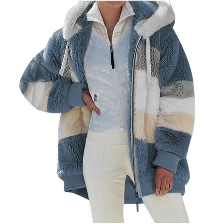 LYXSSBYX Women Long Sleeve Shacket Jacket Hot Sale Clearance Women Plus Size Winter Warm Loose Plush Zip Hooded Jacket Coat