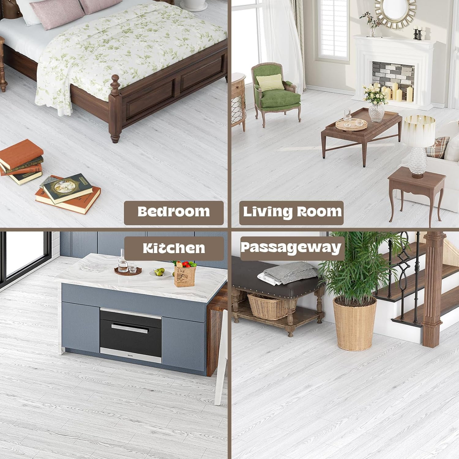 Oxdigi, PVC Peel and Stick Vinyl Flooring Roll, White Gray Wood Plank, 393.00 x 24.00 x 0.01 In