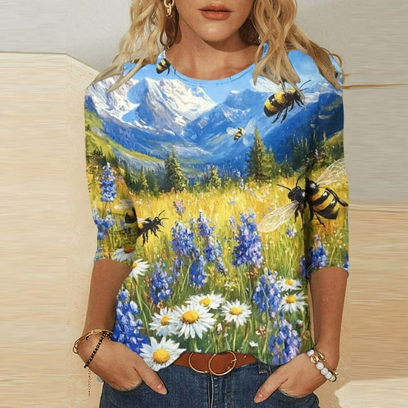 Bee Print Womens Tops 3/4 Sleeve Shirts for Women Summer Shirts for Women Xs T Shirts for Women Trendy Pack Summer Oversized Tshirts for Women Cheap by me