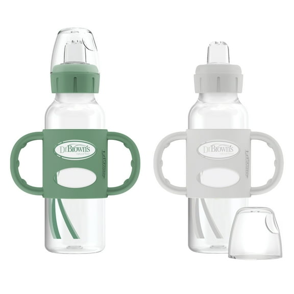 Dr. Brown's Milestones Narrow Sippy Spout Bottle with Handles, 8oz/250ml, 6m , Pink/Ecru, 2 Pack