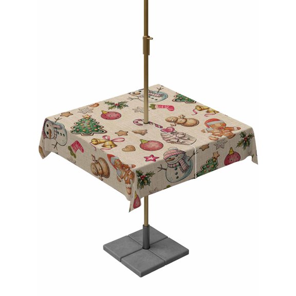 Outdoor Tablecloth with Umbrella Hole and Zipper, Beige Christmas Square Table Cloth 60x60 Inch Waterproof Tablecloth, Xmas Tree Balls Snowman Gingerbread Picnic Table Cover for Patio Camping