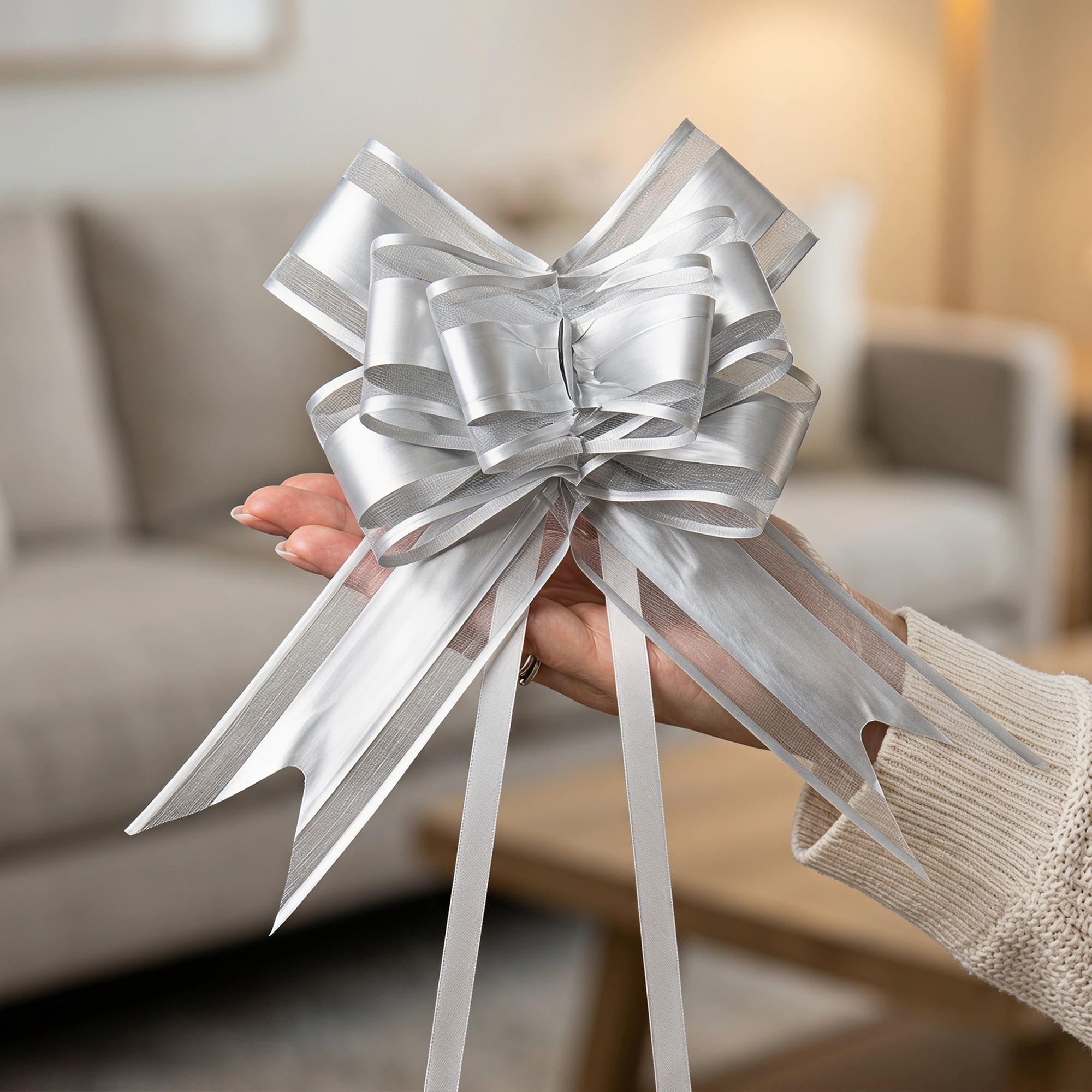 Unique Bargains Elegant Smooth Instant Pull String Flower Bows for Gift Wrapping Silver