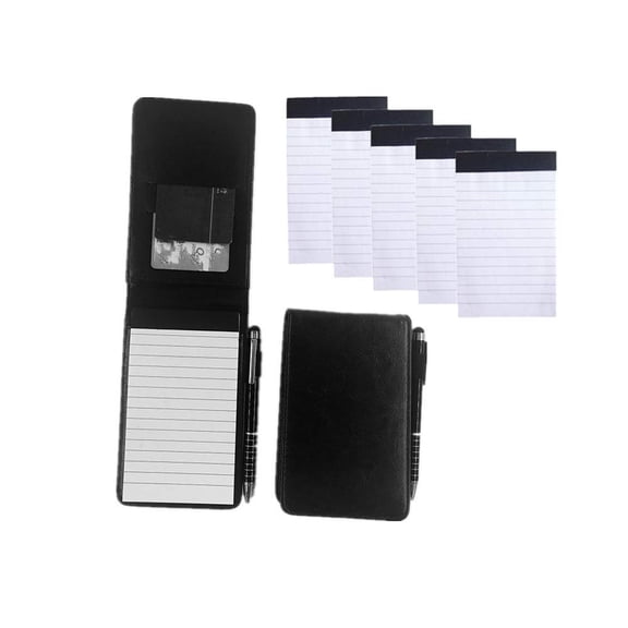Mini Pocket Notepad Holder Included with Metal Pen and 50 Lined Sheets,Refillable,with Notebook Refills,Memo Book Refills 5 Pack 3x5 Inch Sized Writing Pad with 30 Lined Paper Per Note Pad (Black)
