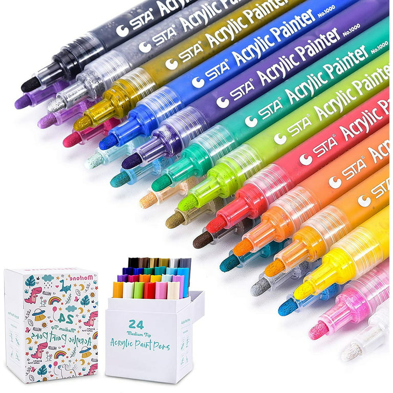 Colorful Art Co. Acrylic Paint Pens – Permanent Waterproof Pen 12 Pack w/ Reversible 3-5mm Brush Tips – Painting Markers for Rocks Wood Glass