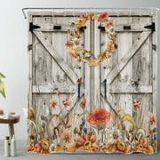 HVEST Fall Mushroom Shower Curtain for Bathroom Country Wildflower and Autumn Leaves on Rustic Barn Door Bathroom Shower Curtains with Hooks, Western Farmhouse Bathroom Curtains Shower Set 72x78 inch