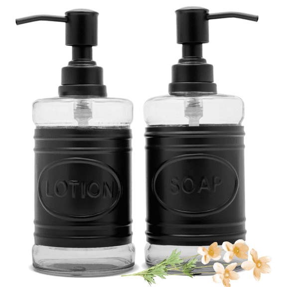 Autumn Alley Glass and Black Farmhouse Soap Dispenser and Lotion Dispenser Set | Farmhouse Bathroom Accessories