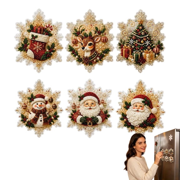 Christmas Pearl Diamond Art Painting Fridge Magnets Kit 6 Pcs, DIY Mosaic Crystal Refrigerator Decorative Magnet Art Sets for Adults, Holiday Craft Kit for Home Decor & Gifting
