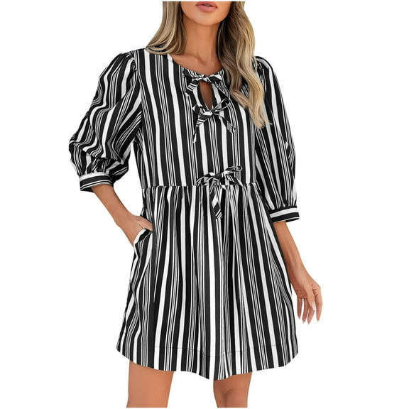 Womens Summer Dresses Bow Tie Crewneck 3/4 Sleeve Mini Dress Striped Loose Fashion Casual Flowy Beach Dresses