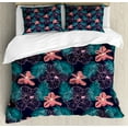 thumbnail image 1 of Luau Duvet Cover Set Queen Size, Illustration of Continuous Leaves and Hibiscus on Dark Backdrop, Decorative 3 Piece Bedding Set with 2 Pillow Shams, Charcoal Grey Teal and Coral, by Ambesonne, 1 of 3