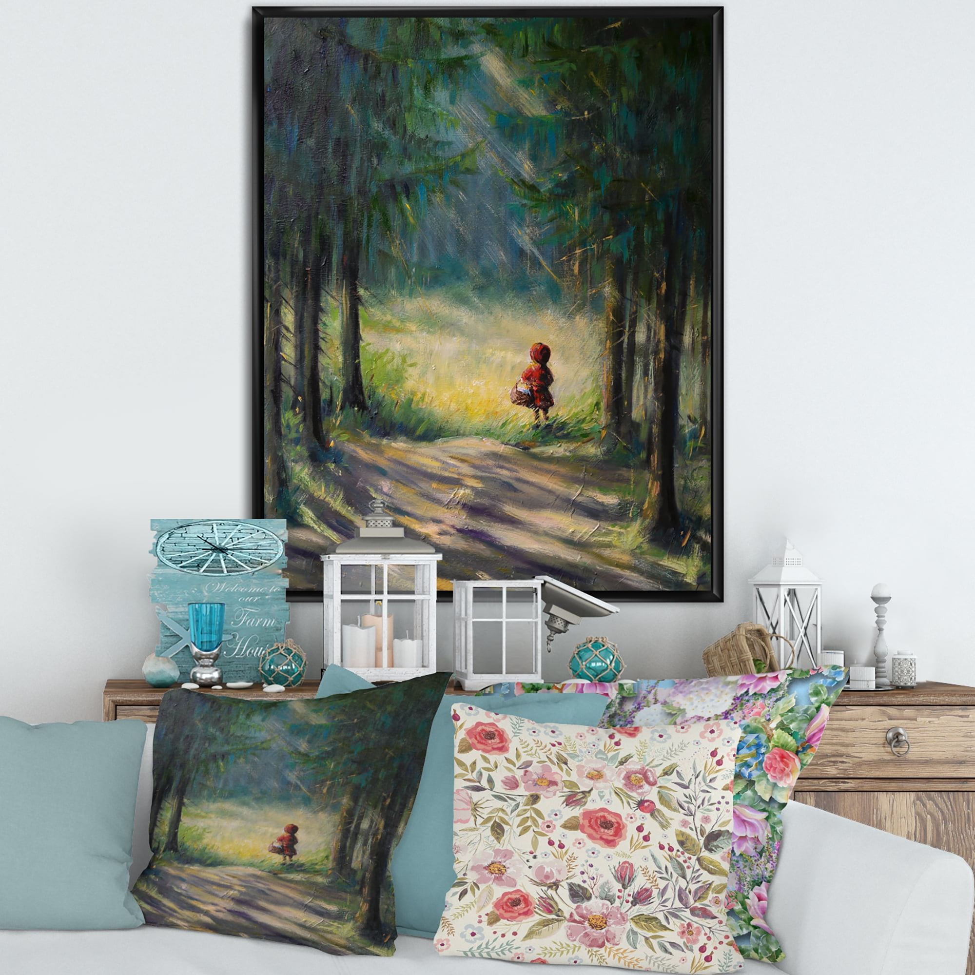 Designart 'Little Red Kid Riding Hood In The Woods' Traditional Framed Canvas Wall Art Print