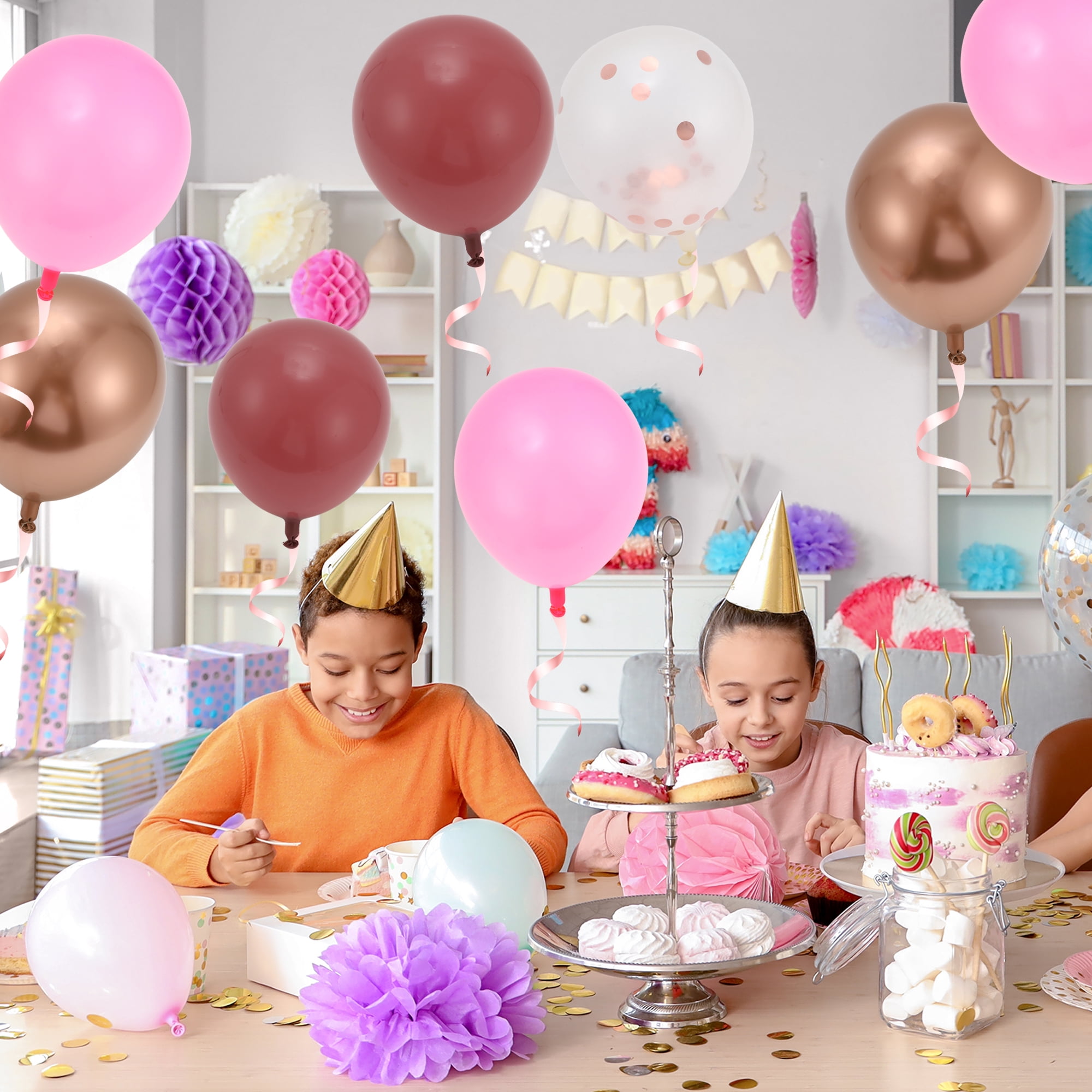 Unique Bargains Latex Party Balloons with Ribbon Pink Red Gold Tone Clear 10inch 20Pcs