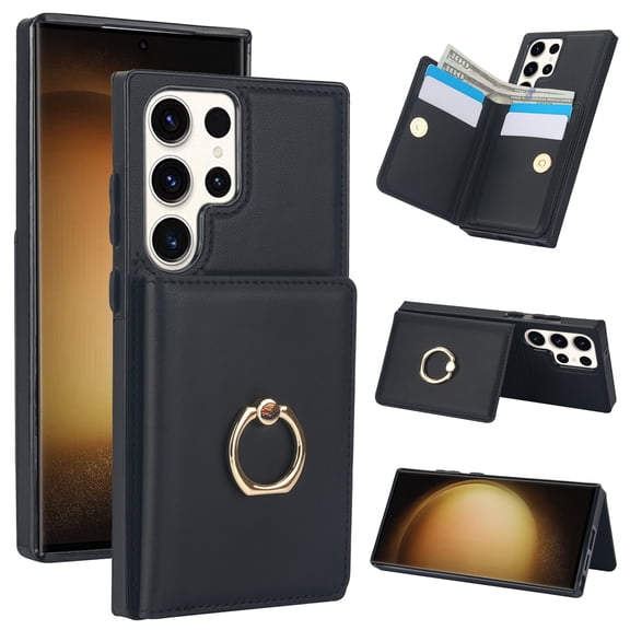 ELEHOLD Case for Samsung Galaxy S23 Ultra,Business PU Leather Stand Case with Card Holder & Ring Holder,Black