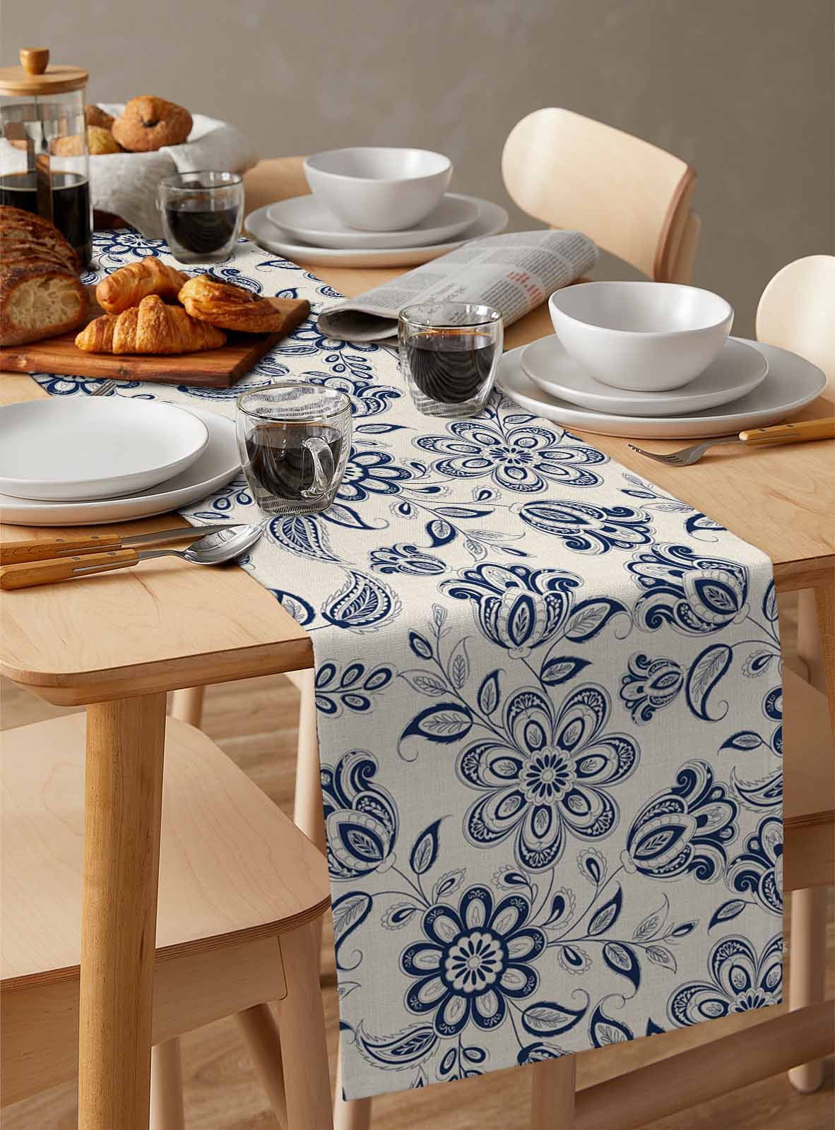 nqOlkjepod Navy Blue Flowers Table Runner 48 Inches Long Farmhouse Dress Scarves, Retro Ethnic Floral Pastoral Art Dining Tablerunner for Coffee Table/Kitchen Island/Party Décor, 13" x 48"