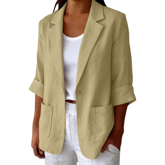 TEAJOPSUU Women's Cotton Linen Blazers Casual Single Button Notched Lapel Suit Jackets with Patch Pockets Relaxed Fit Blouses for Work Business Khaki