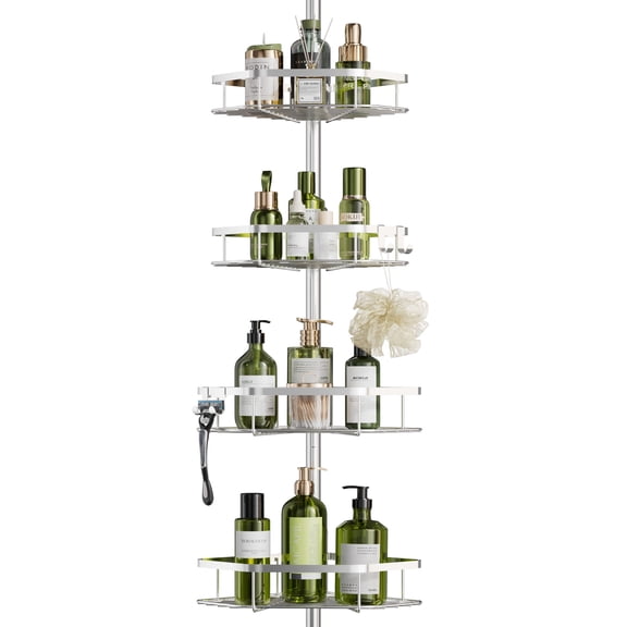 Yecaye Shower Caddy Tension Pole, 4-Shelf Corner Shower Organizer, Sliver