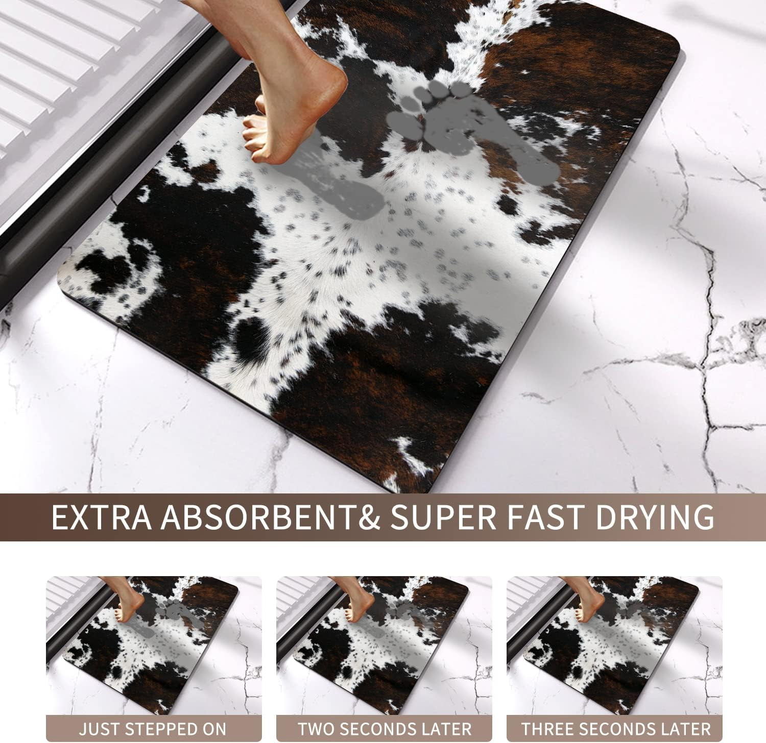 Cow Skin Quick Dry Bath Mat, Western Bathroom Home Decor Farmhouse Absorbent Non-Slip Bathroom Rugs Thin fit Under Door Floor Mats for Bathtub, Shower Room, Sink