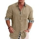 thumbnail image 2 of Camisa con botones para hombre, manga larga, cuello vuelto, patrón liso exterior, estampado interior a cuadros, camisa holgada informal suave para hombre, 2 of 6