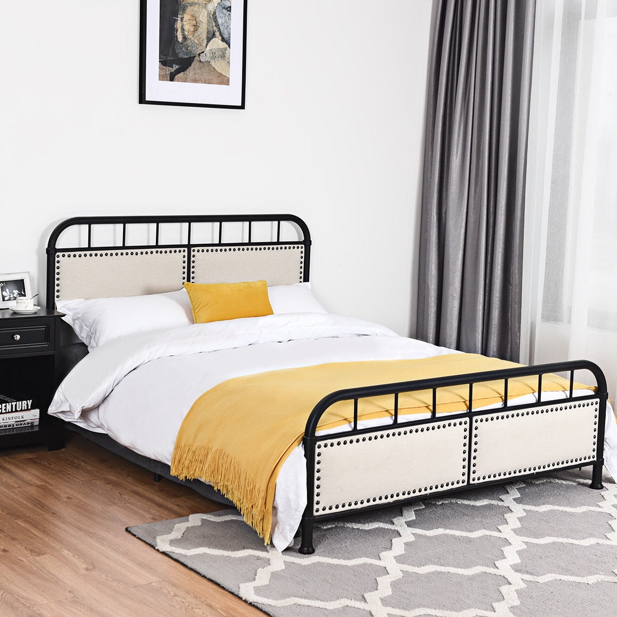 Costway Queen size Metal Bed Frame Upholstered Platform ...