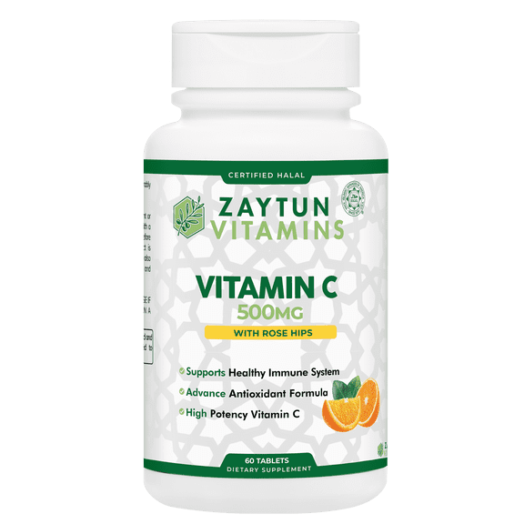 Zaytun Vitamins Halal Vitamin C 500mg Tablets with Rose Hips Extract for Immune Health Support, Natural Antioxidant, Non-GMO, Vegan, 60 Tablets - Halal Vitamins