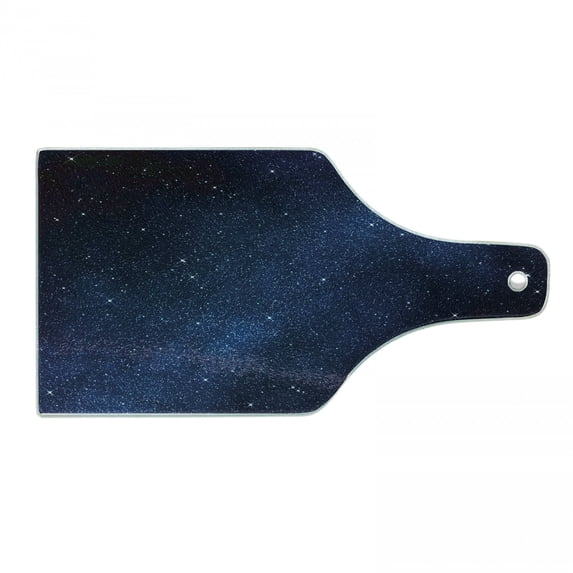 Night Cutting Board, Space Stars View Nebula Galaxy Cosmos Infinite Universe, Decorative Tempered Glass Cutting and Serving Board, Wine Bottle Shape, Dark Blue White, by Ambesonne