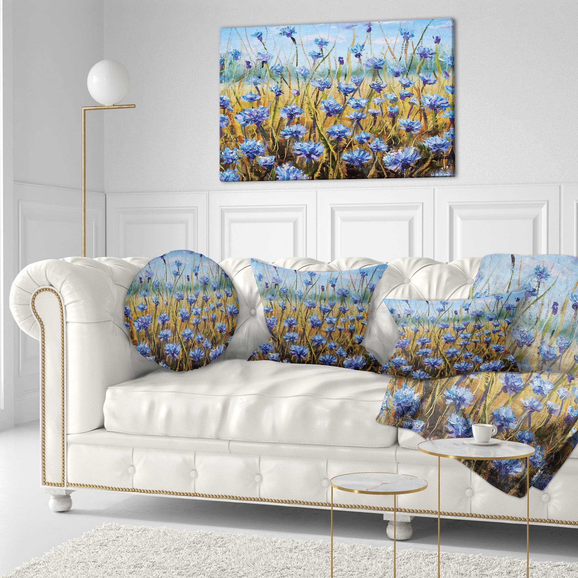 Designart Blue Flowers in Meadow Painting - Floral Painting Throw Pillow - 12x20