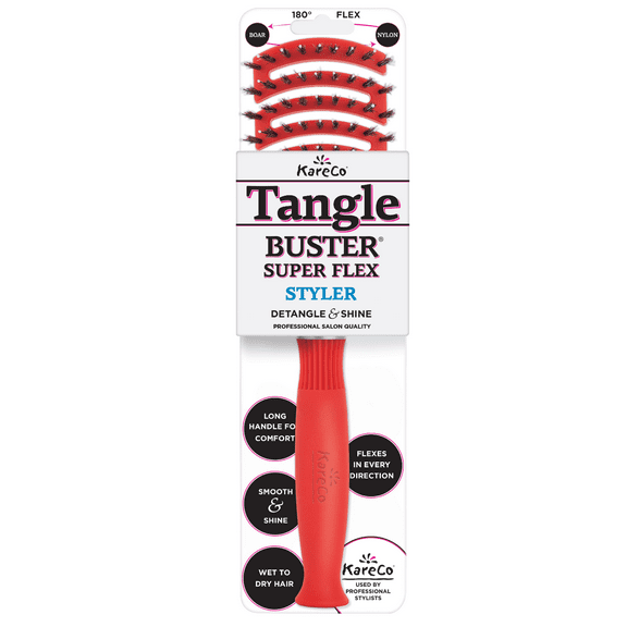 KareCo Tangle Buster Hair Brush Salon Professional Flexible Paddle, Red, Boar Nylon Mixed Bristles
