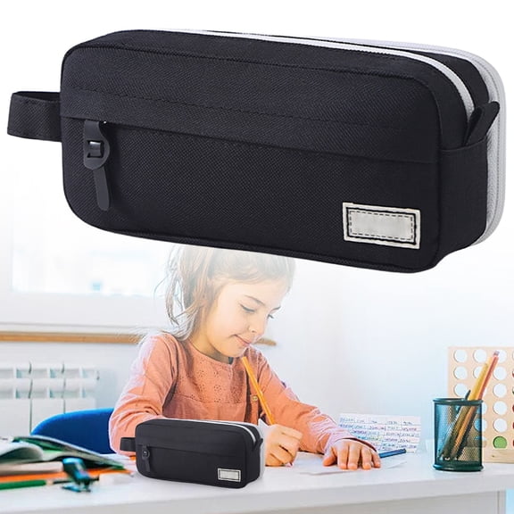 Cute Pencil Pouch, Large Capacity Pencil Case with Multi Compartment Zipper Storage, Soft Fabric Organizer Bag for Stationery Makeup Tech Accessories Travel and Daily Essentials, Black