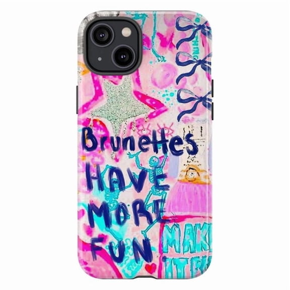 Graffiti Brunettes Have More Fun Phone Case, Y2K Street Art Doodle Protective Cover with Neon Pink and Blue Design for iPhone 17 16 15 14 13 12 11 Plus Pro Max Mini