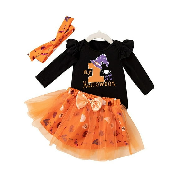 WIBACKER Newborn Baby Girl My 1st Halloween Skirt Outfit Set, Infant Pumpkin Dress, Toddler Romper   Tutu Skirt   Headband