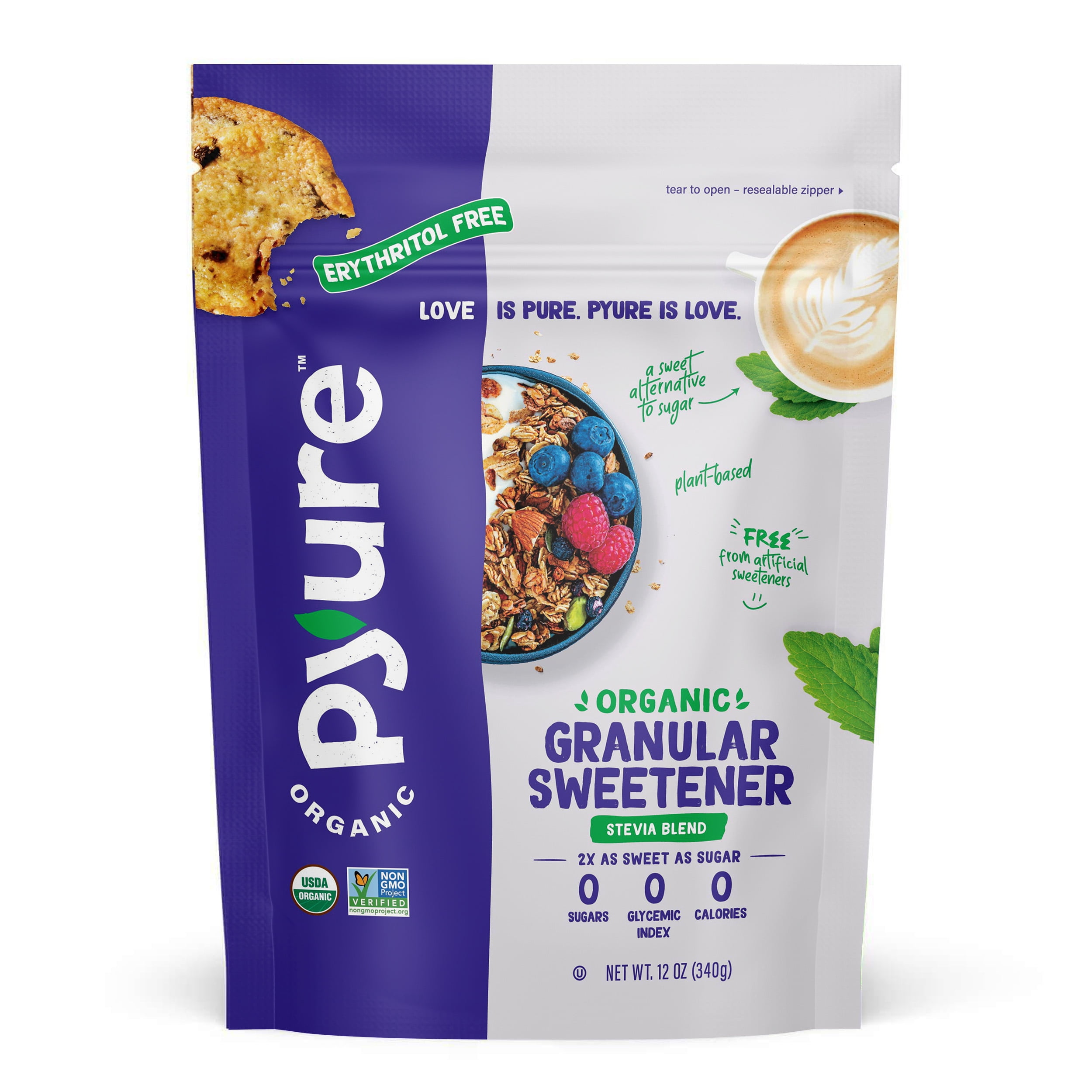 (2 pack) Pyure Organic Stevia Blend | Granulated Sugar Substitute with Zero Calories & Carbs | Keto, Diabetic & Vegan Friendly | Sugary Taste Alternative | USDA Organic, Non-GMO | Good For Baking | 12oz