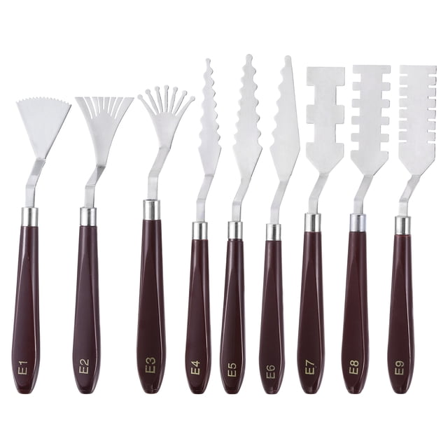 Uxcell 1 Set E1-E9 Cuchillo de Paleta de Pintura de Plástico de Acero Inoxidable Espátula de Arte Herramientas de Raspado de Paleta Rojo Plata