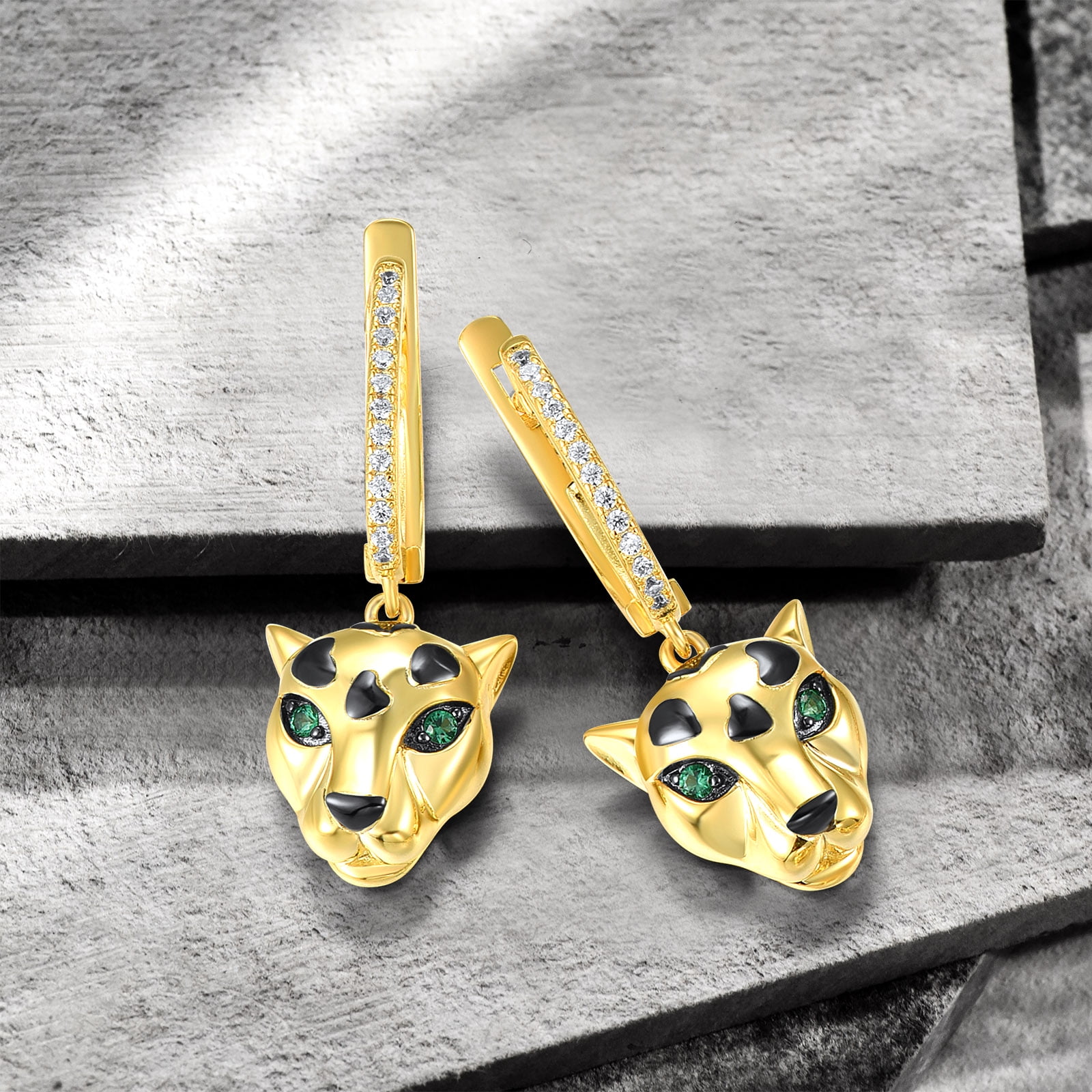 Santuzza Sterling Silver Panther Yellow Gold Plating Earrings Green Spinel Cubic Zirconia Leopard Dangle Earrings for Women