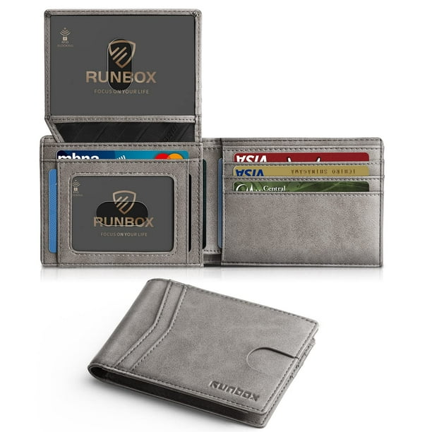 Cartera RUNBOX RFID de piel para hombre y mujer con 2 ventanas de identificación