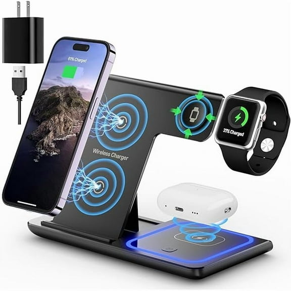 Wanhoo 3 in 1 Wireless Charging Station for Apple, Wireless Charger Stand for iPhone 16/15/14/13/12/11/SE/X/8 Pro Max Plus Mini,Charging Dock for AirPods 4/3 Pro,Apple Watch 10/9/Ultra/8/SE/7/6/5/4/3