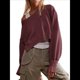 thumbnail image 1 of Sudadera Corta para Mujer, Cuello Redondo, Larga, Talla Grande, Otoño-Invierno 2025, Estilo Jersey Holgado. Vino Tinto M, 1 of 8