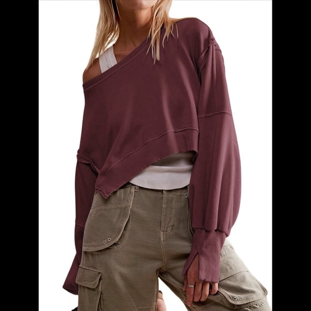 Sudadera Corta para Mujer, Cuello Redondo, Larga, Talla Grande, Otoño-Invierno 2025, Estilo Jersey Holgado. Vino Tinto S