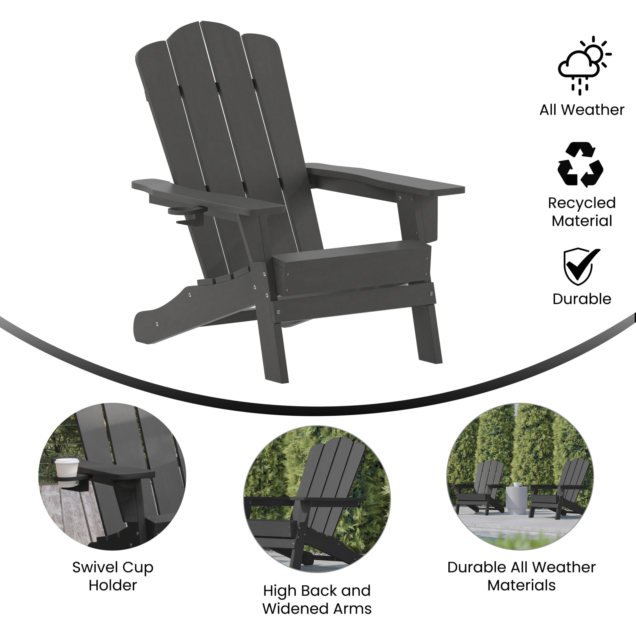 Flash Furniture Newport Adirondack Chair with Cup Holder, Weather Resistant HDPE Adirondack Chair in Gray