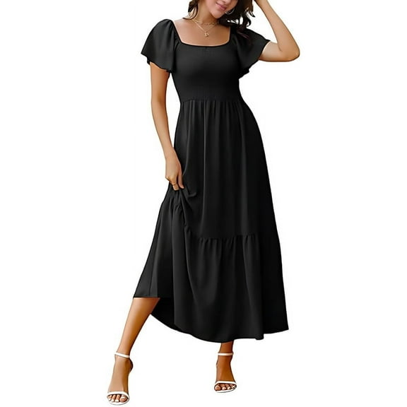 Women Summer Casual Square Neck Flutter Sleeve Boho Smocked A-Line Flowy Tiered Modest Midi Sun Dress with Pockets Black S