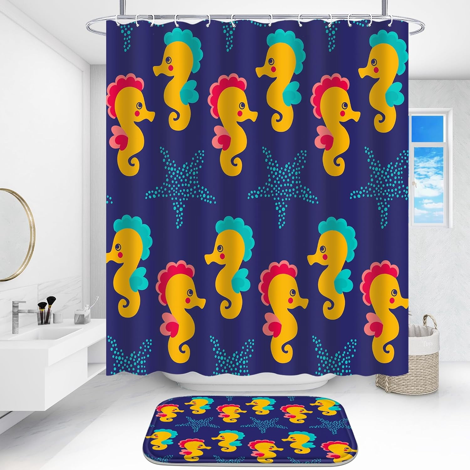 4 Pcs Bathroom Shower Curtain Set,Kid's Bathroom Set,Baby Octopus Shower Curtain Sets with Rugs(Bath Mat,U Shape and Toilet Lid Cover Mat) and 12 Hooks