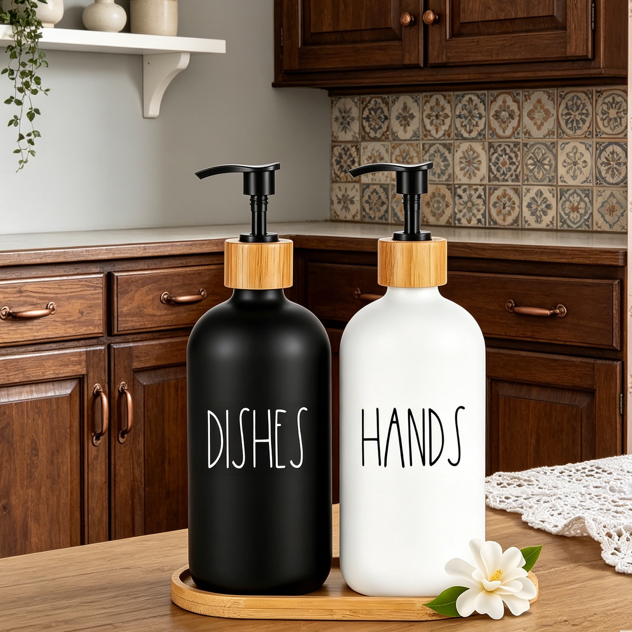 2 Pack Hands & Dishes Soap Dispenser Set with Bamboo Tray, 16oz Frosted Glass Hand Dish Soap Bottles with Steel Pump, Refillable Soap Dispenser for Bathroom Kitchen