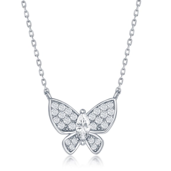 TheJewelryHut Fancy Designer Sterling Silver White CZ Butterfly Neckalce
