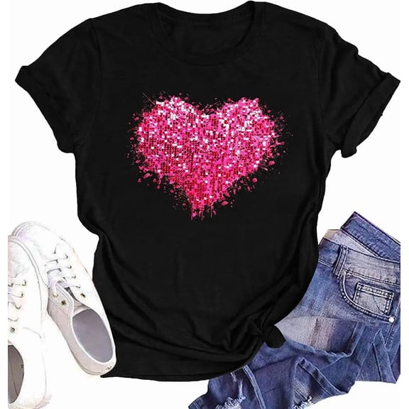 Pink Glitter Heart Graphic Women Casual Short Sleeve Tee Top